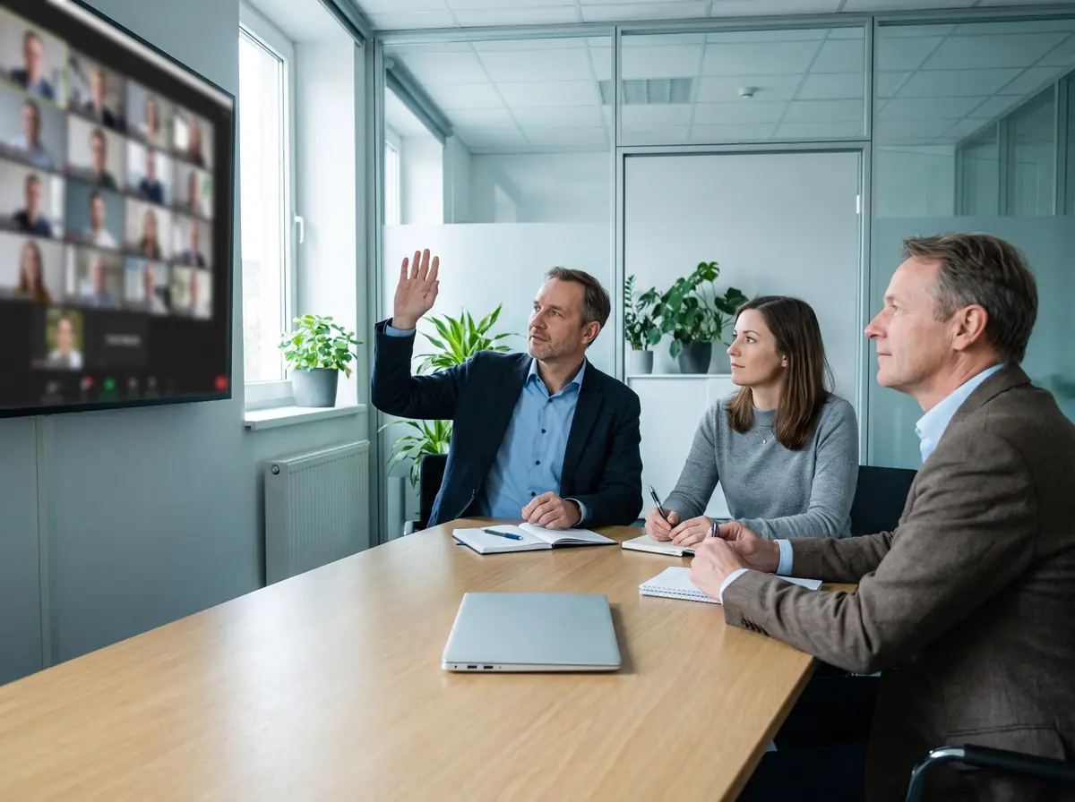 Hybrides Meeting: Drei Personen schauen zu einem Bildschirm mit einem Videocall, ein Mann hebt die Hand.
